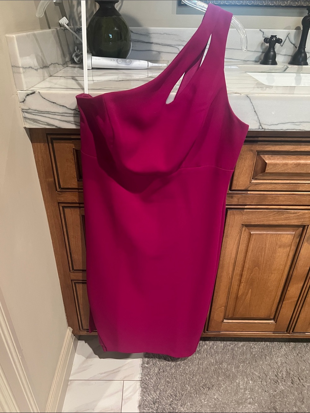 Aqua One-Shoulder Cowl Sheath Dress in Fuchsia